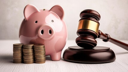 Economic recovery policy. Piggy bank, coins, and a gavel representing finance and law concepts.
