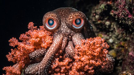 Close-up of a brown octopus with large eyes among orange coral.