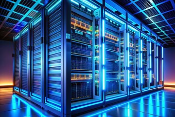 High-Tech Server Rack Blue Neon Glow - Data Center Technology Stock Photo