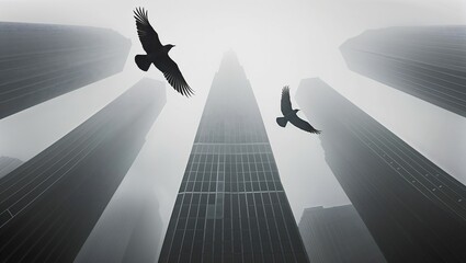 Birds in the Fog: Two birds soar through a dense fog, silhouetted against the towering skyscrapers of a modern metropolis. This black and white image evokes a sense of mystery and wonder.