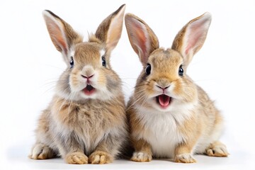 Obraz premium Hilarious Bunnies: Two Cute Rabbits Posing Against White Background