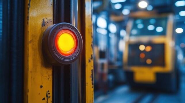 Flashing orange warning light signals caution on industrial equipment within a factory, while a large yellow machine remains blurred in the background, emphasizing safety in manufacturing