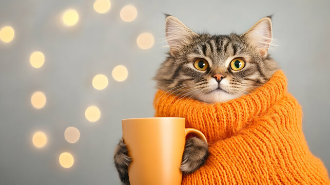 Cozy cat in orange sweater holding mug, warm lights background; perfect for autumn/winter greeting cards.