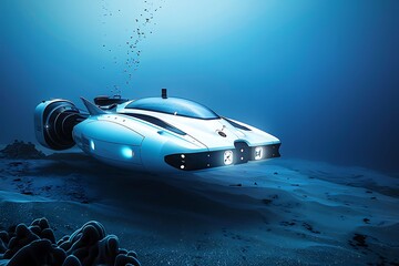 A sleek, white submersible sports car rests on the ocean floor, emitting light. Bubbles rise, suggesting recent submersion. Futuristic design for underwater exploration and adventure.