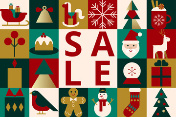 Rectangular backdrop with multicolored geometric symbols of Christmas and New Year for sale in flat style. Layout for business, advertisement, offer. Vector illustration