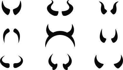 Devil horn icon set. Black vector flat demon or satan Halloween carnial elements collection. Mobil app attributes template design symbol isolated on transparent background.