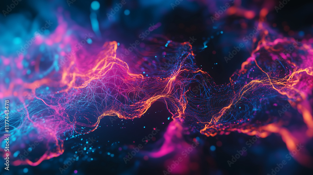 Poster dynamic and glowing abstract digital art with intertwined fractals and vibrant energy lines creating