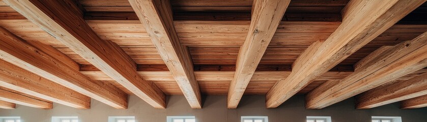 Modern wooden ceiling beams in a stylish interior space.