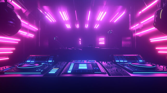 DJ mixing tracks at a club, with neon lights illuminating the dance floor and creating a high-energy vibe 
