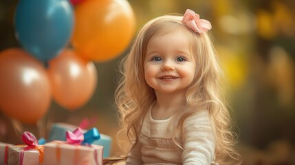 Happy Little Girl with Balloons and Gifts