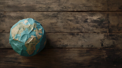 Vintage paper globe on wooden surface
