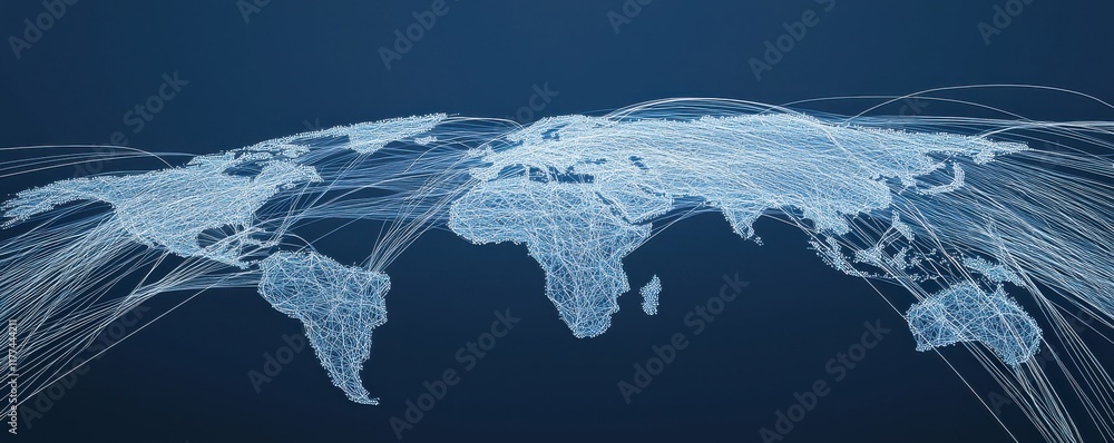 Aufkleber digital world map with interconnected lines representing data flow.