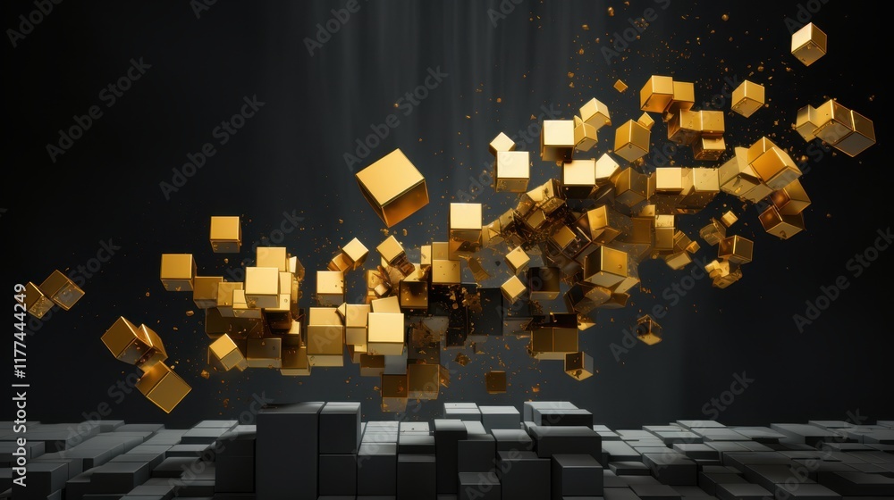 Poster abstract golden cubes exploding dynamic 3d digital art, luxurious gold cube burst background image