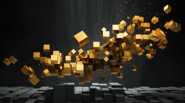 Fototapeta Abstract Golden Cubes Exploding Dynamic 3D Digital Art, Luxurious Gold Cube Burst Background Image