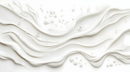 Obraz premium Creamy white liquid swirls and droplets on white background; ideal for beauty, skincare, or food product advertising.