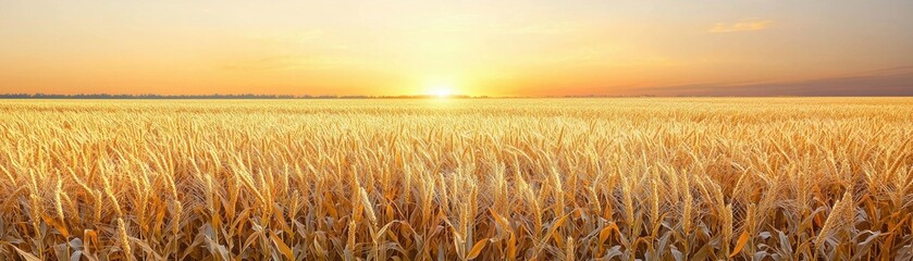 Naklejka premium Golden wheat field under a beautiful sunset horizon.