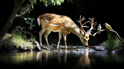 A deer drinks from a serene water source, accompanied by birds.