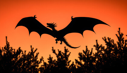 Naklejka premium Majestic silhouette of a dragon soaring against a fiery sunset, silhouetted against a dark pine forest. Perfect for fantasy, mythology, or Halloween themes.