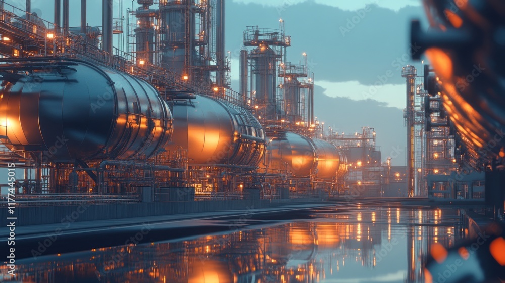 Aufkleber industrial complex with illuminated structures and reflective water at dusk.