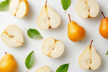 Obraz premium Juicy Yellow Pears Halved and Whole Fruit with Leaves