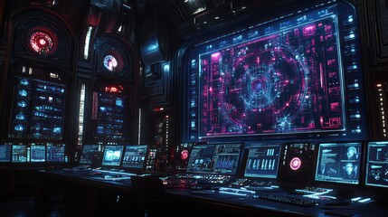 Fototapeta premium Futuristic control room with glowing holographic displays and advanced technology.