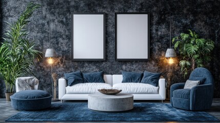 Modern Living Room Interior with Blank Canvas Mockup