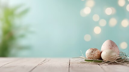 Three eggs are on a wooden table