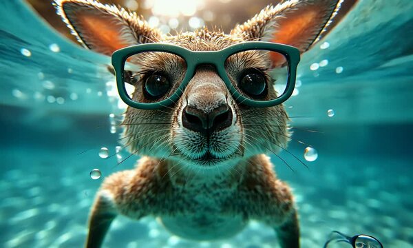 a kangaroo wearing diving goggles in a swimming pool is diving