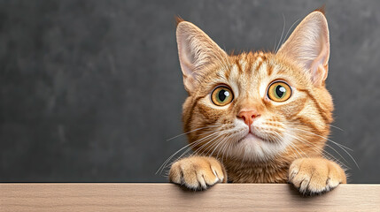 Obraz premium Curious ginger kitten peeking over wooden surface, against gray background. Ideal for pet adoption websites or veterinary clinics.