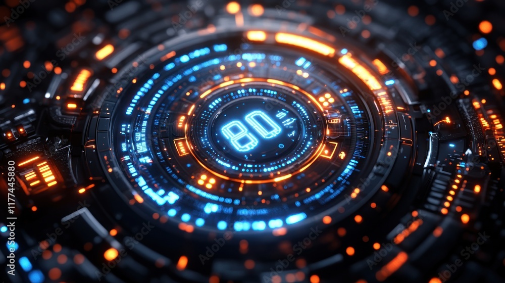 Poster futuristic digital interface display with 80% progress indicator.