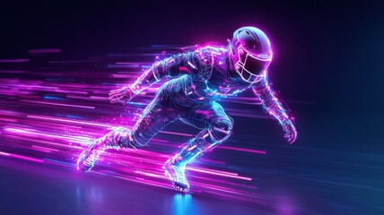 Futuristic neon astronaut sprinting with dynamic light trails.