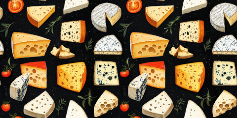 Cheese variety illustration with tomatoes on a dark background