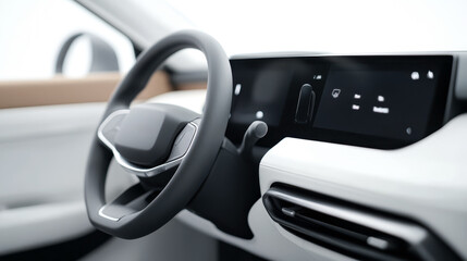 Modern car steering wheel and dashboard with touchscreen controls