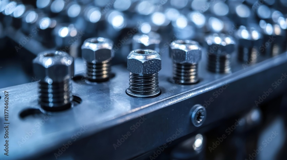 Poster shiny metal bolts and nuts are tightly fastened to a metallic frame, creating a repetitive pattern a