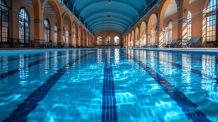 Indoor pool, arched ceiling, sunlight, relaxation, possible use for tourism or fitness