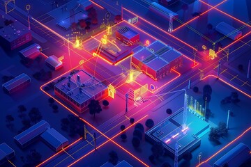 Isometric view of a smart citys interconnected infrastructure. Buildings, power lines, and data streams are vividly depicted in a vibrant, neonlit style, showcasing technological integration within an