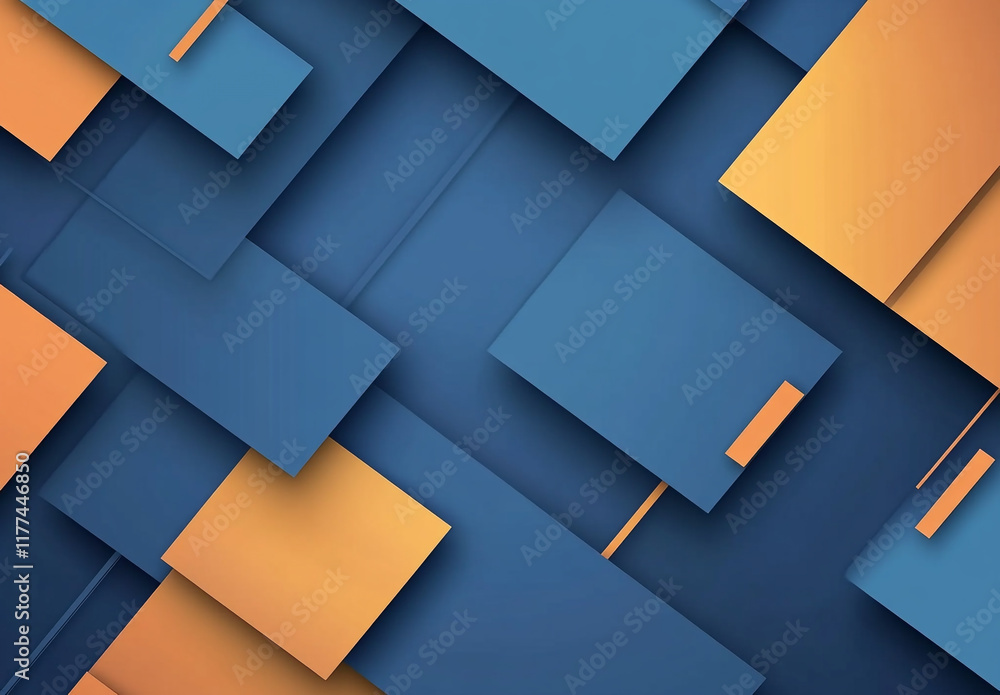 Poster an abstract composition of overlapping blue and orange squares and rectangles, creating a layered, g
