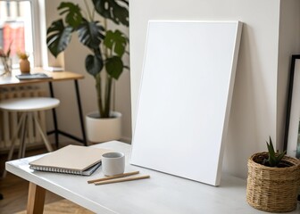 Blank picture frame mockup White cup of coffee, books. Artistic poster.