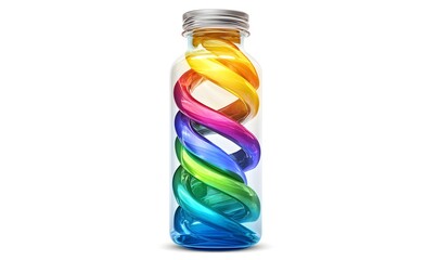 Colorful DNA helix inside a glass bottle.