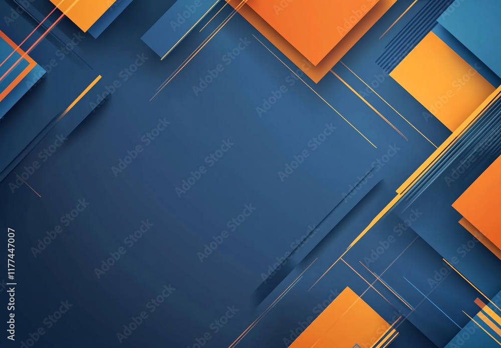 Poster an abstract composition of overlapping blue and orange squares and rectangles, creating a layered, g