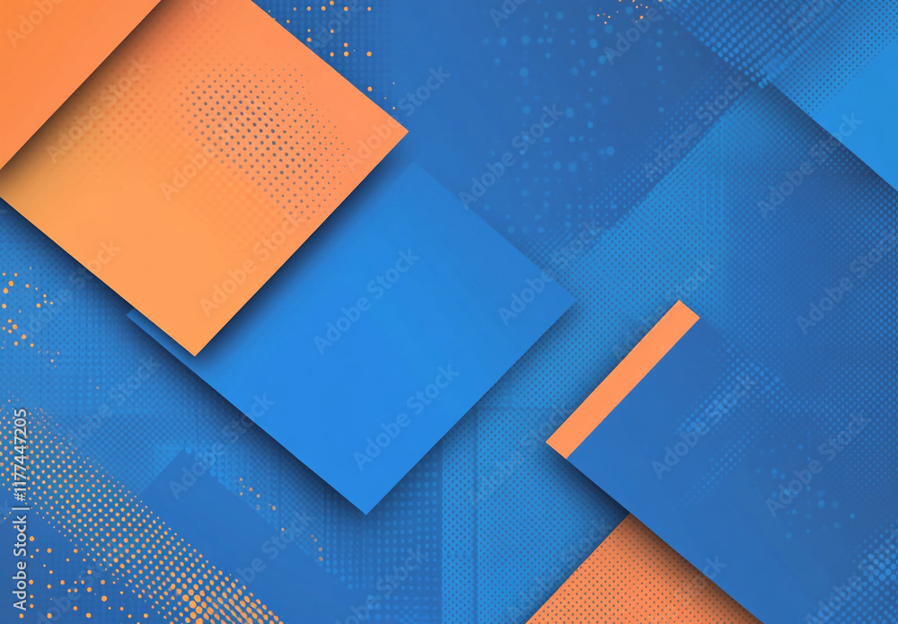 Poster an abstract composition of overlapping blue and orange squares and rectangles, creating a layered, g