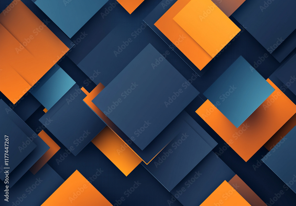 Poster an abstract composition of overlapping blue and orange squares and rectangles, creating a layered, g