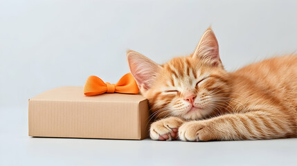 Cute ginger kitten sleeping peacefully beside a gift box; light grey background; perfect for greeting cards or pet-related advertising.