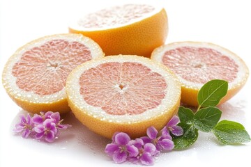 Juicy Grapefruit Slices with Purple Flowers and Green Leaves