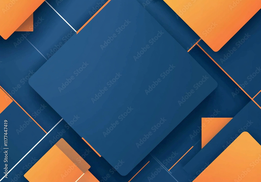 Poster an abstract composition of overlapping blue and orange squares and rectangles, creating a layered, g