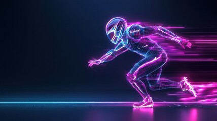 Fototapeta premium Futuristic runner in neon lights showcasing speed and motion.