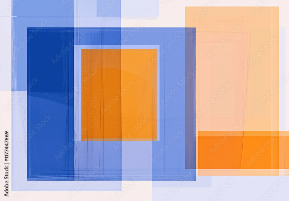 Poster an abstract composition of overlapping blue and orange squares and rectangles, creating a layered, g
