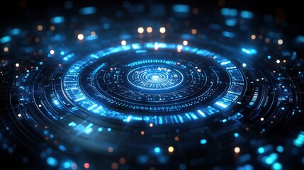 Futuristic technology interface with glowing blue circular patterns on a dark background.