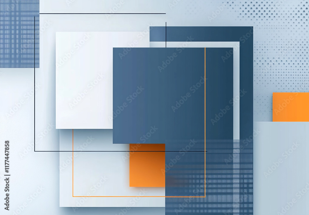 Poster an abstract composition of overlapping blue and orange squares and rectangles, creating a layered, g