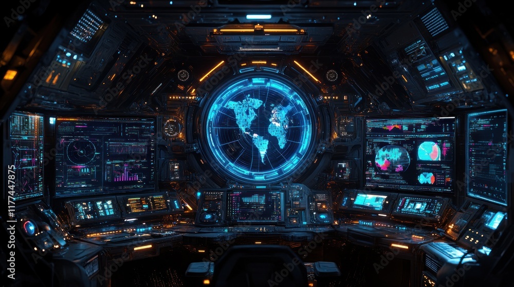Poster futuristic spaceship cockpit with holographic world map and multiple displays.
